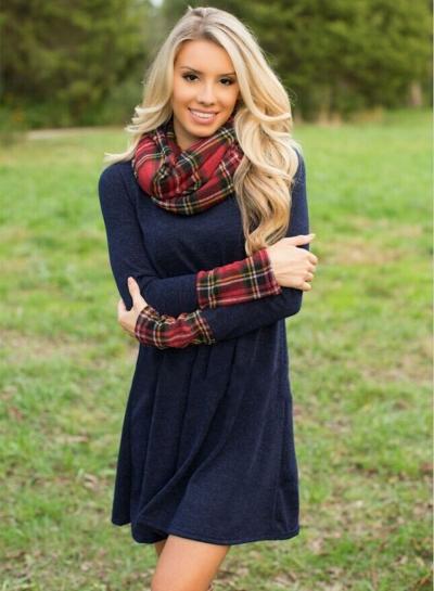 Oasap Fashion High Neck Long Sleeve Plaid Panel Dress