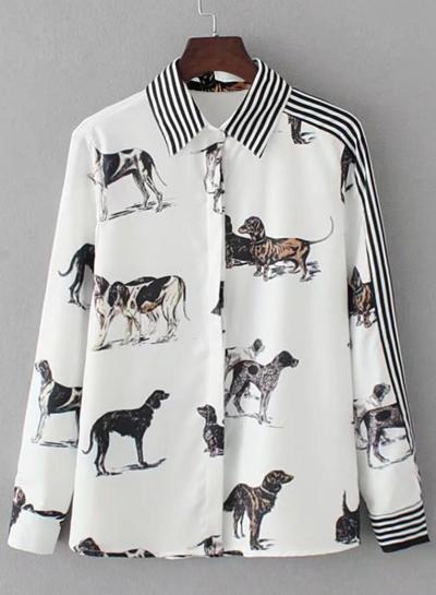 Oasap Turn Down Collar Long Sleeve Animal Printed Shirt