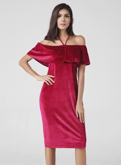 Oasap Halter Neck Flounce Hem Solid Color Midi Dress