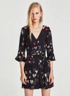 Oasap V Neck Heart Print Flare Sleeve Button Down Dress