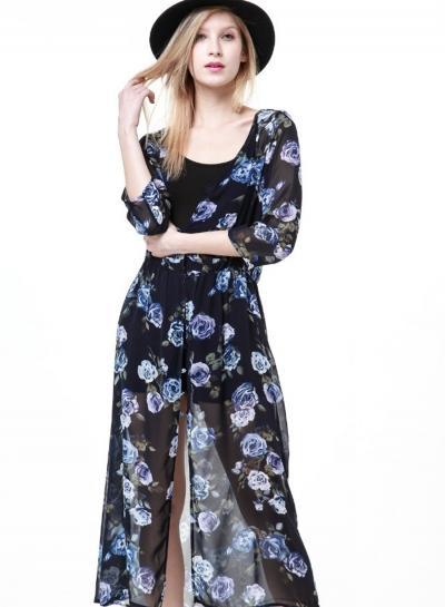 Oasap Rose Print Sheer Midi Dress