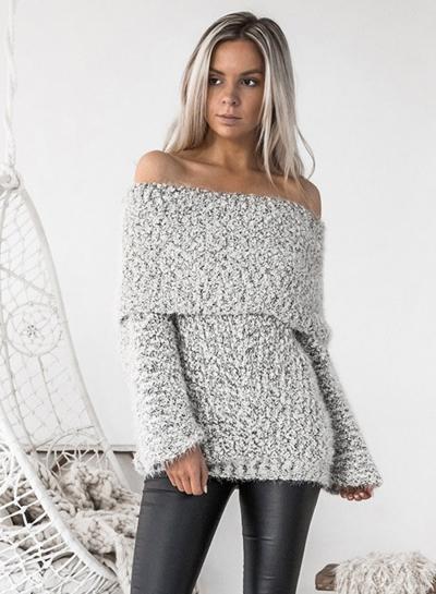 Oasap Slash Neck Off Shoulder Long Sleeve Loose Sweater