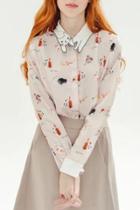 Oasap Adorable Cat Print Long Sleeve Button Down Shirt