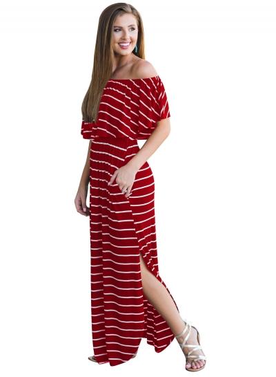 Oasap Slash Neck Striped Maxi Dress