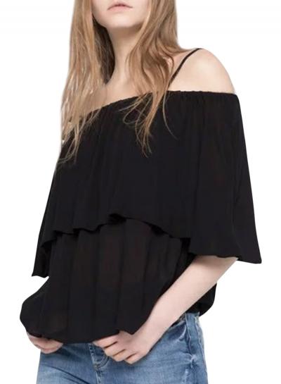 Oasap Women's Solid Spaghetti Strap Off-shoulder Ruffle Front Top