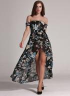 Oasap Off The Shoulder High Slit Floral Printed Maxi Prom Dress