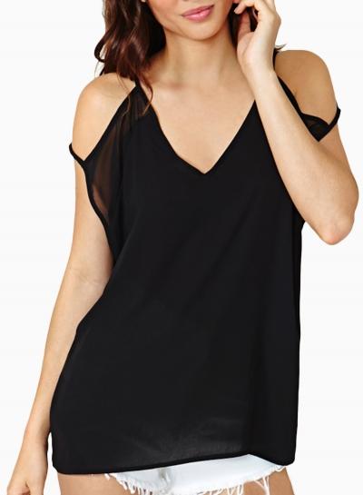 Oasap Women's Fashion Black Double V-neck Off The Shoulder Chiffon Blouse