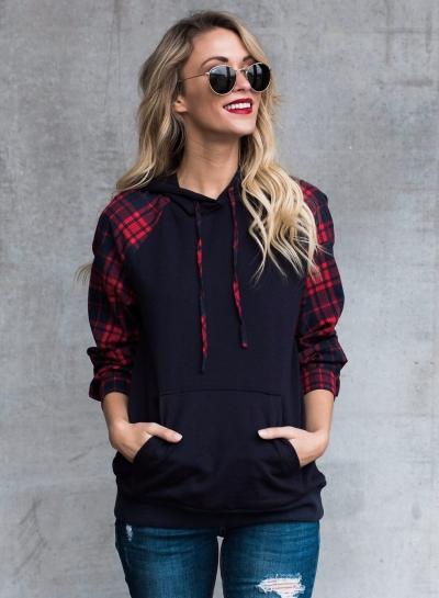 Oasap Plaid Sleeve Pullover Hoodie With Pockets