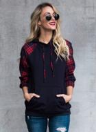 Oasap Plaid Sleeve Pullover Hoodie With Pockets