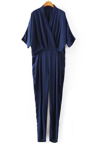 Oasap Neat Three-quater-sleeves Surplice Jumpsuit