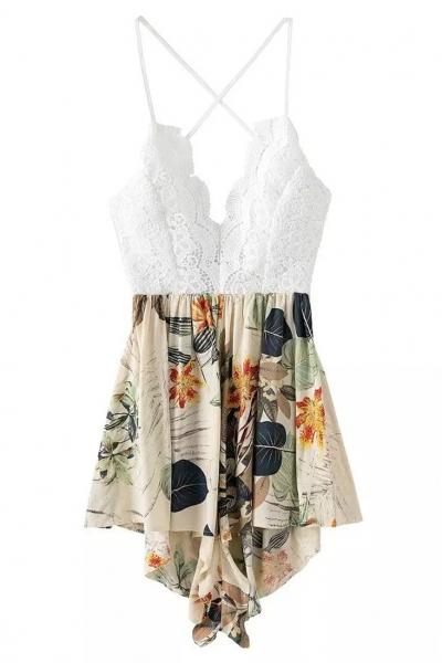 Oasap Lace Floral Print Irregular-hem Rompers