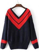 Oasap Casual Contrast Double V Neck Loose Sweater