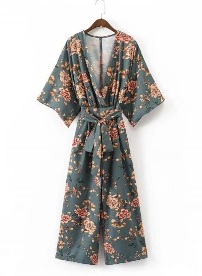 Oasap Japan Style V Neck Floral Print Jumpsuit With Belt