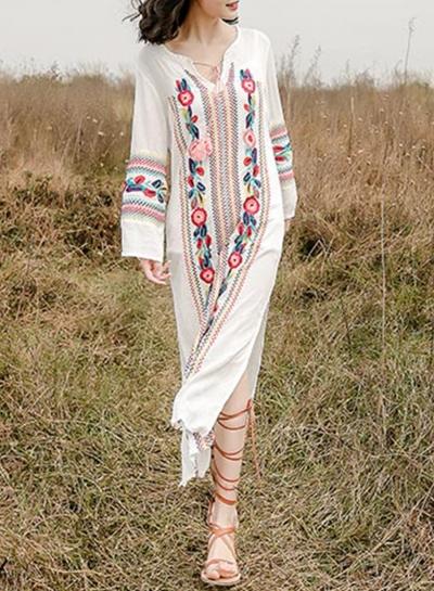 Oasap Boho V Neck Long Sleeve Floral Embroidery Slit Maxi Dress