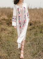 Oasap Boho V Neck Long Sleeve Floral Embroidery Slit Maxi Dress