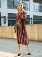 Oasap Long Sleeve Geo Printed Chiffon Midi Dress