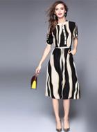 Oasap Stripped Print Slim Chiffon Midi Dress