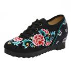 Oasap Wedge Heels Floral Embroidery Round Toe Canvas Shoes