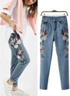 Oasap Floral Embroidery Ripped Denim Pants