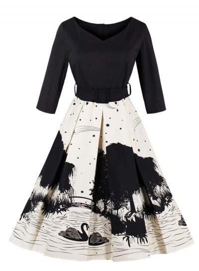 Oasap V Neck Three Quarter Length Sleeve Printed Midi Dress