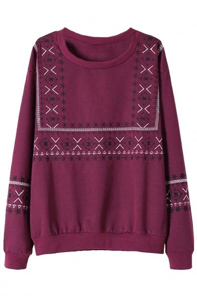 Oasap Maroon Trendy Floral Embroidered Sweatshirt