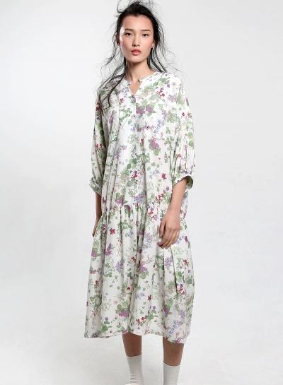 Oasap Casual Floral Printed 3/4 Sleeve V Neck Dress