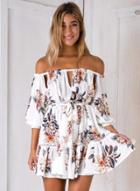 Oasap Off Shoulder Tie Waist Floral Printed Dress