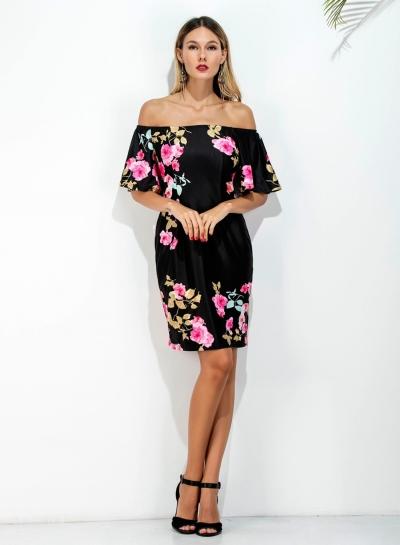 Oasap Slash Neck Floral Print Off Shoulder Bodycon Dress