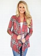 Oasap Shawl Collar Long Sleeve Open Front Plaid Cardigan