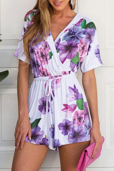 Oasap Fancy Violet Floral Print Surplice Rompers