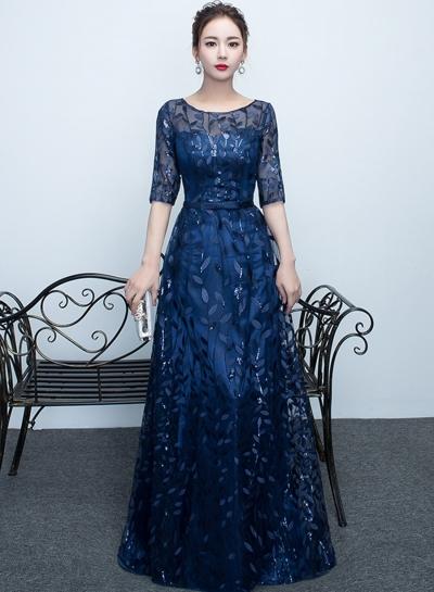 Oasap Half Sleeve Lace Sequins Long Evening Dress