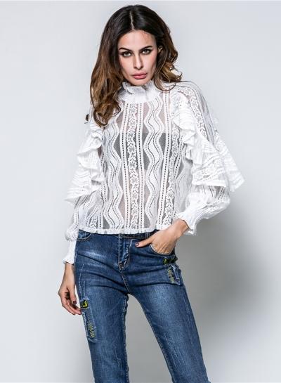 Oasap Stand Collar Long Sleeve Lace Flounce Hem Blouse