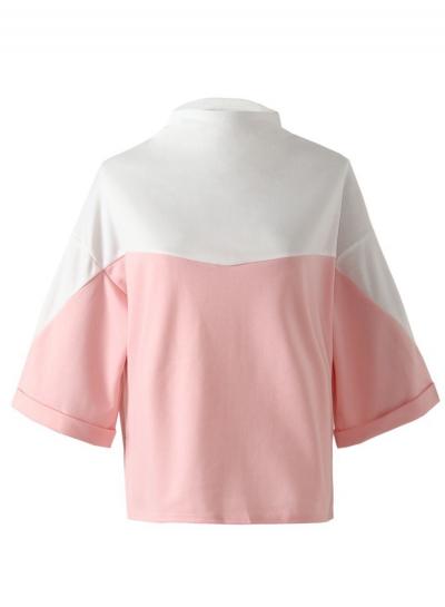 Oasap Half Collar Color Block Short Sleeve Tops