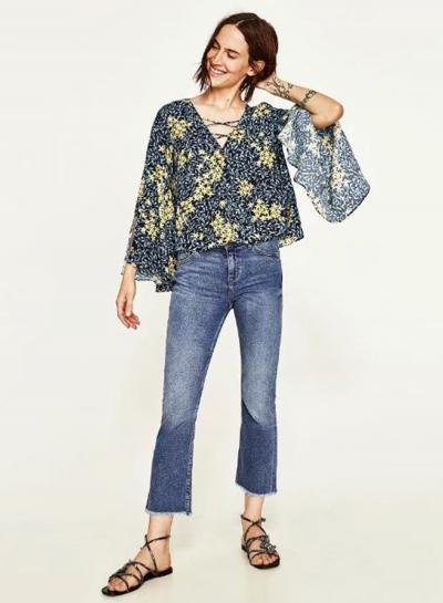 Oasap V Neck Floral Print Lace Up Blouse