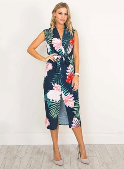 Oasap Rainforest Print V Neck Sleeveless Slit Dress