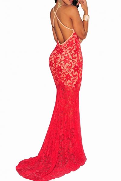 Oasap Red Lace Nude Illusion Crisscross Back Evening Dress