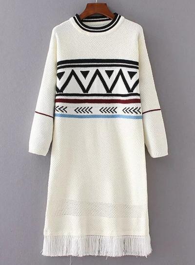Oasap Round Neck Long Sleeve Tassels Decoration Dress