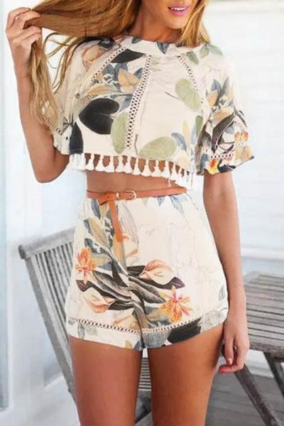 Oasap Floral Print Cape Crop Top Shorts Matching Sets