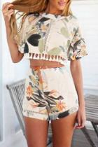 Oasap Floral Print Cape Crop Top Shorts Matching Sets