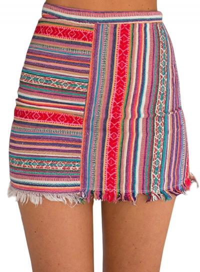 Oasap Women's Color Block Striped Print Frayed Bodycon Skirt