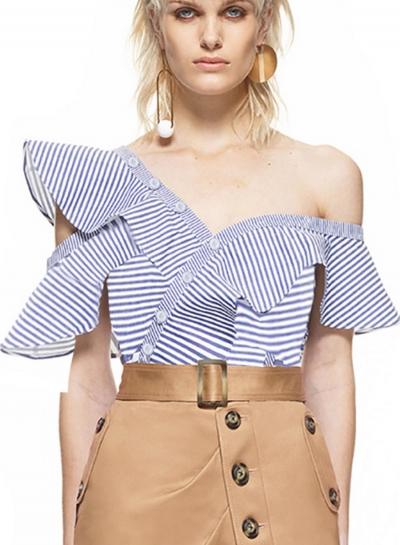 Oasap Asymmetric Button Down Flounce Hem Striped Shirts