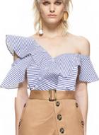 Oasap Asymmetric Button Down Flounce Hem Striped Shirts