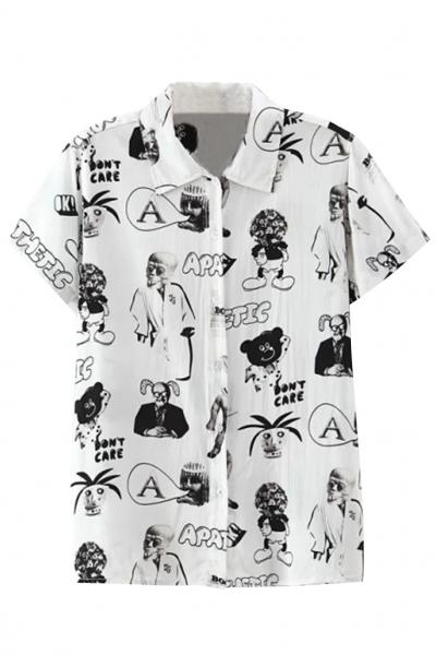 Oasap Hand Drawing Graphic Button Down Shirt