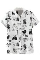 Oasap Hand Drawing Graphic Button Down Shirt