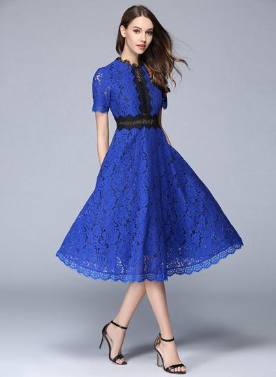 Oasap Short Sleeve Hollow Out Floral Laceparty Dress