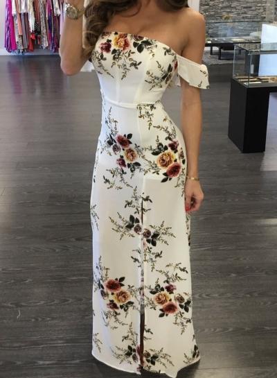 Oasap Strapless Floral Printed Split Maxi Dress