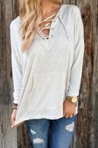 Oasap Kangaroo Pocket Front Lace-up Neck Hooded Sweatshirt