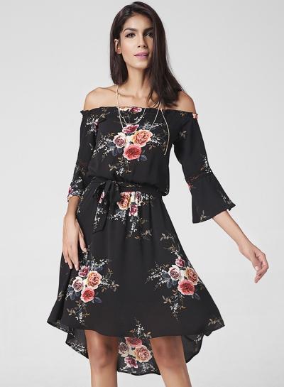 Oasap Slash Neck Floral Print Flare Sleeve Dress