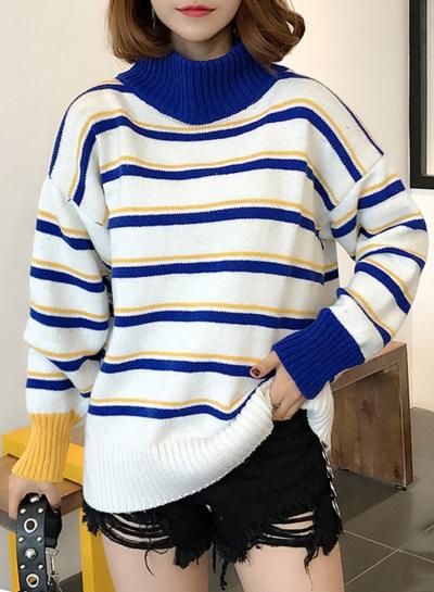 Oasap Fashion High Neck Long Sleeve Stripe Loose Fit Sweater