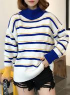 Oasap Fashion High Neck Long Sleeve Stripe Loose Fit Sweater